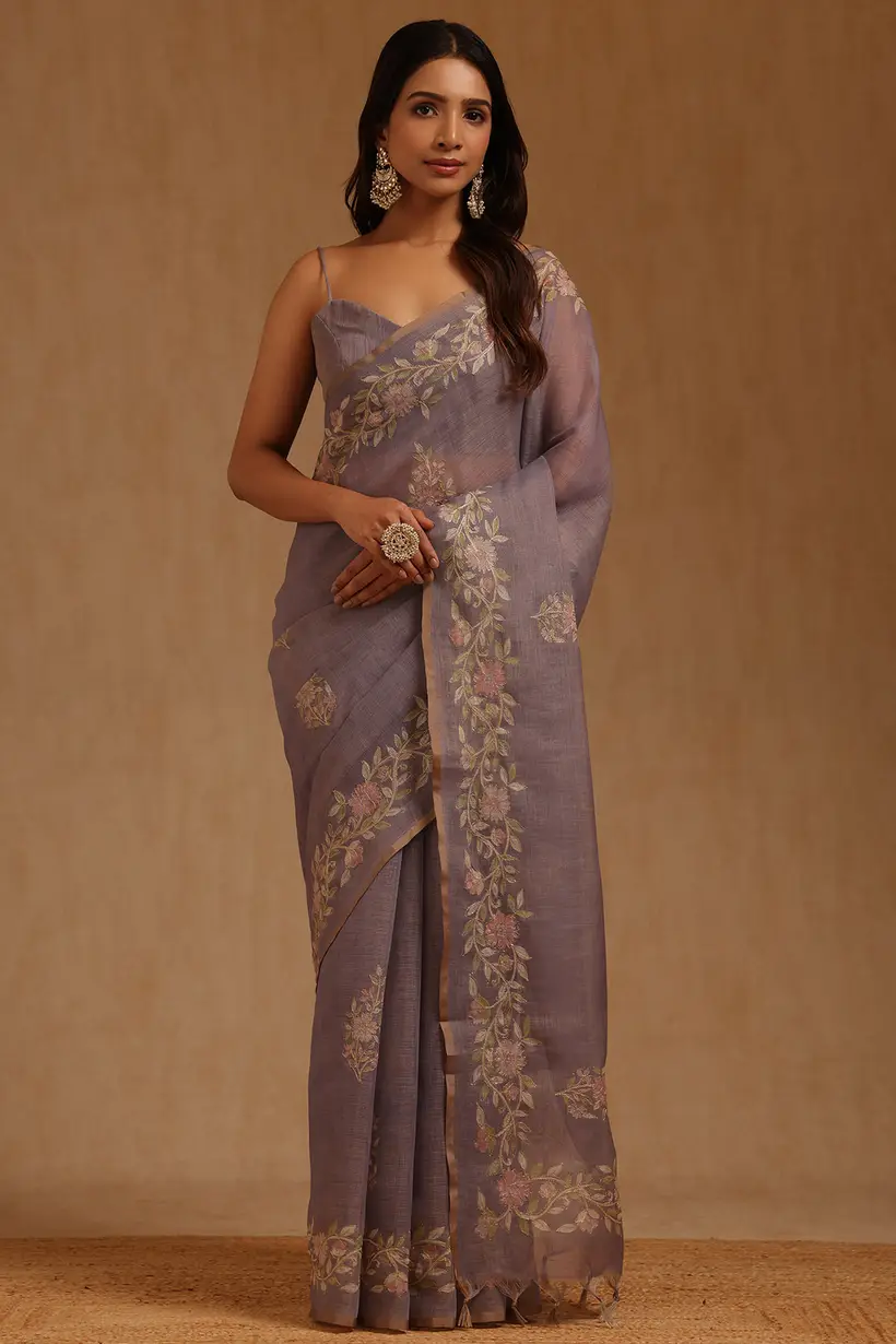 Lavender Linen Floral Printed Zari Embroidered Saree